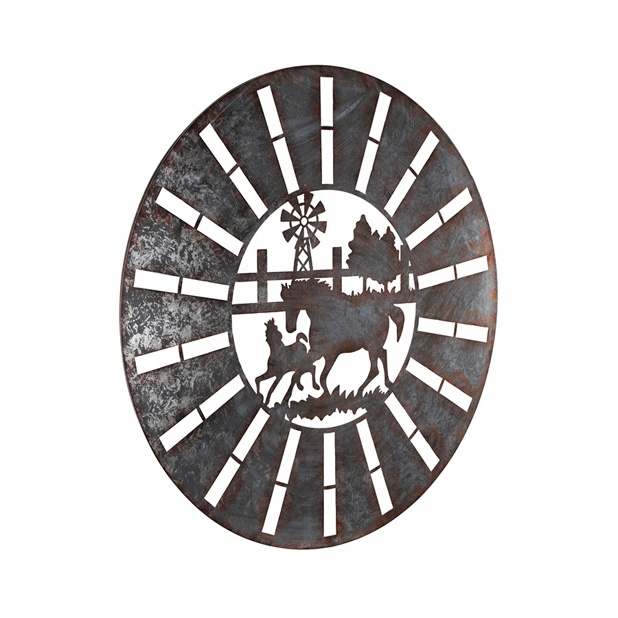 Galvanised w Rust Horses Round Laser Cut Wall Art 100cm 4