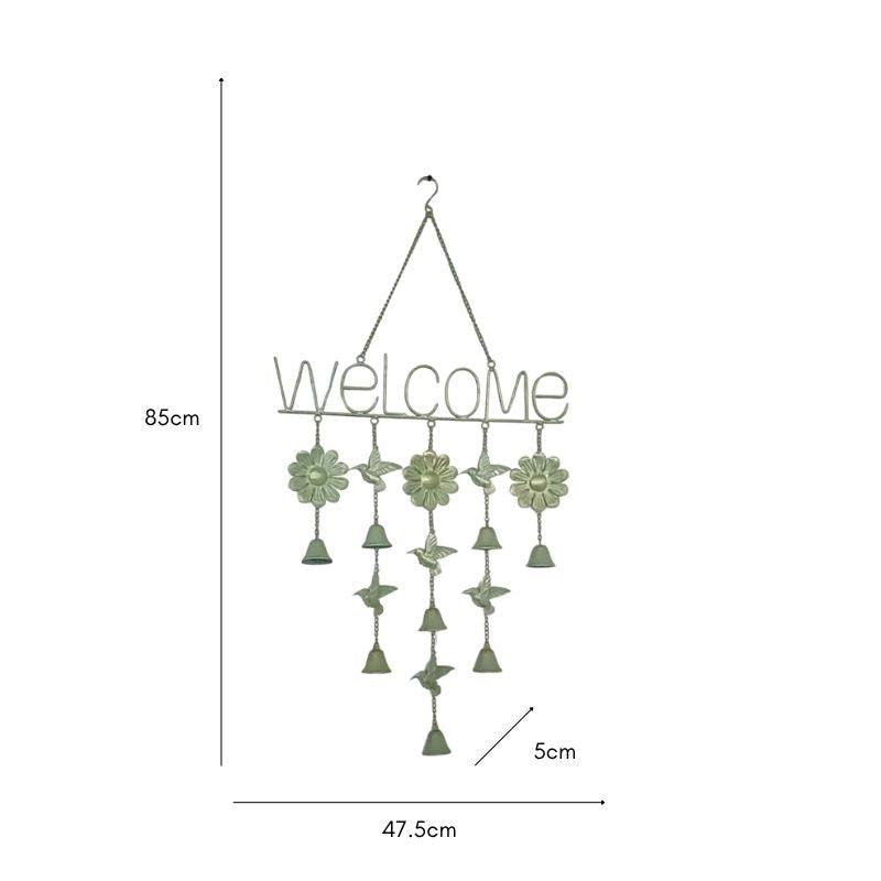 Hanging 'Welcome' Sign w Birds + Bells 85cm 3