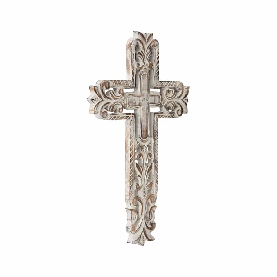 Hand-Carved Cross W Fleur-De-Lis Wall Art 25x40cm