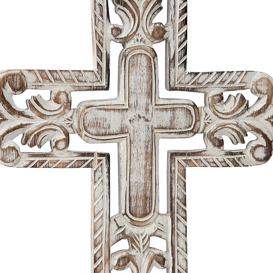 Hand-Carved Cross W Fleur-De-Lis Wall Art 25x40cm 3