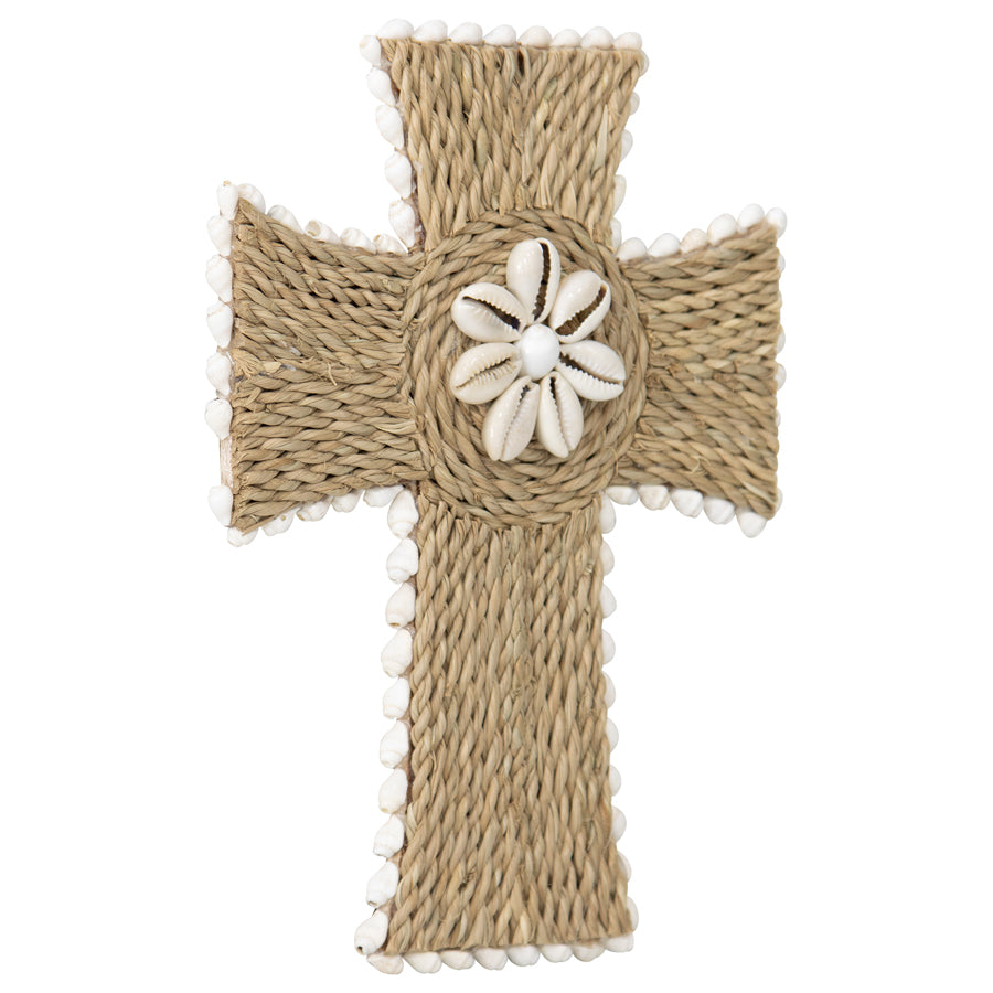 Handcrafted Shell & Broad Weave Wall Hanging Cross 32x23cm