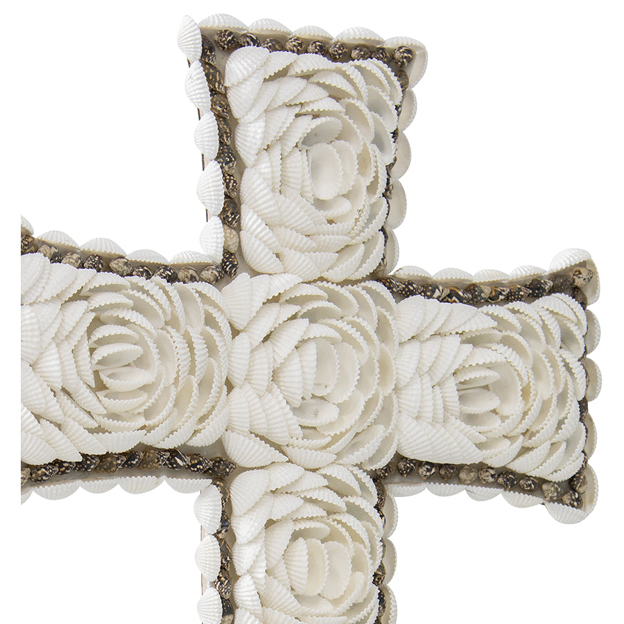Handcrafted Weave & White Shell 'Flower' Wall Hanging Cross 16x3cm 3