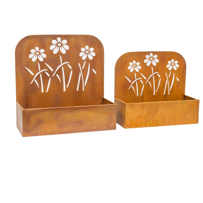 Set 2 Nested Rust 'Flowers' Wall / Floor Planters 50cm, 45cm 3