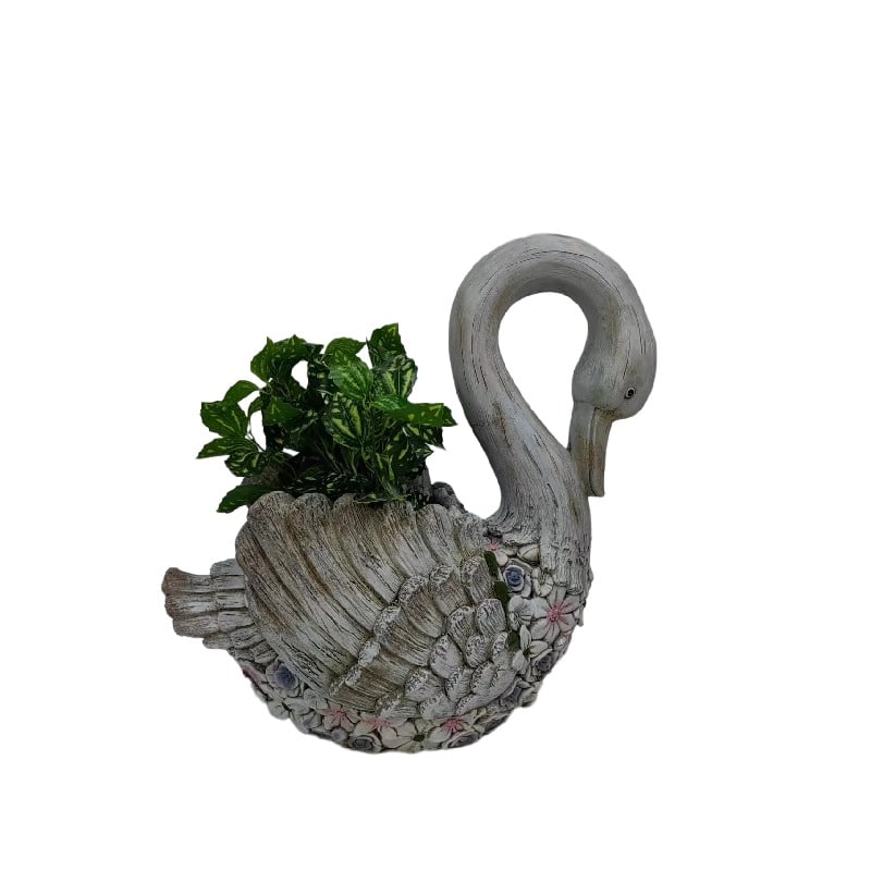 Swan + Flowers Planter w Hole + Plug 52cm 5