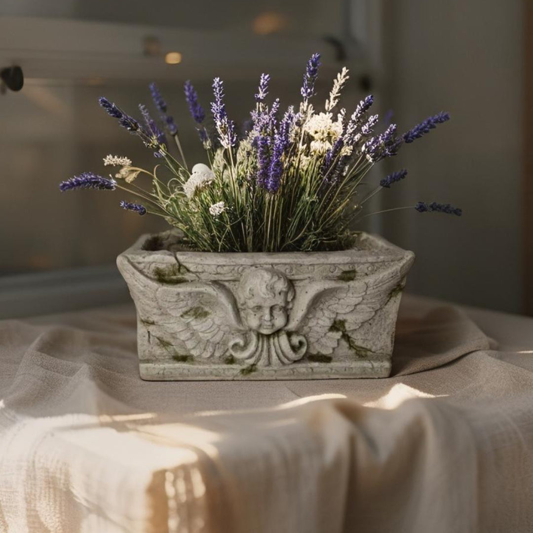 Aged Rectangular Planter w Angel 37cm