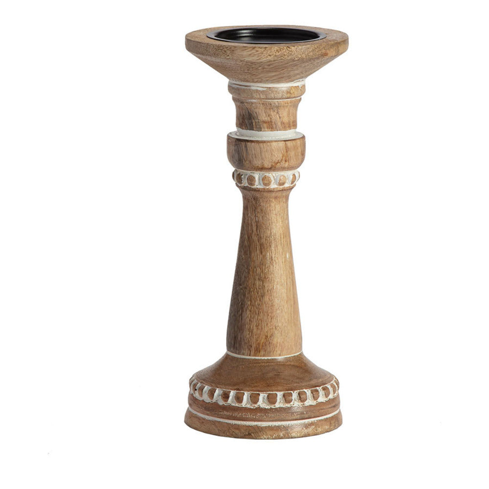 Carved Mango Wood Pillar Candle holder 30cm
