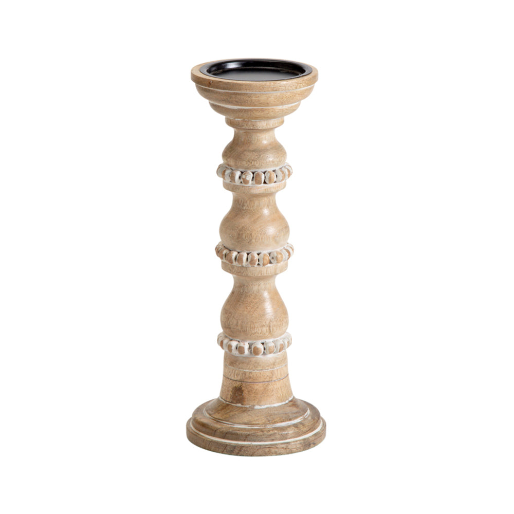 Handcrafted Mango Wood Beaded Pillar Candleholder 30cm