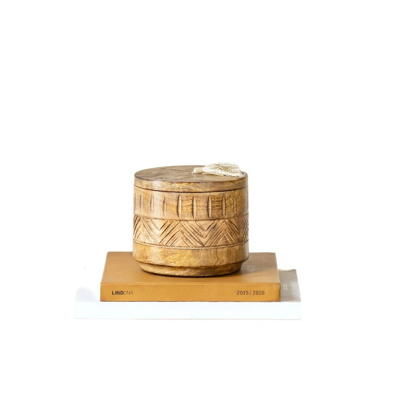 Handcrafted Round Box w Aztec Carving 15cm 3