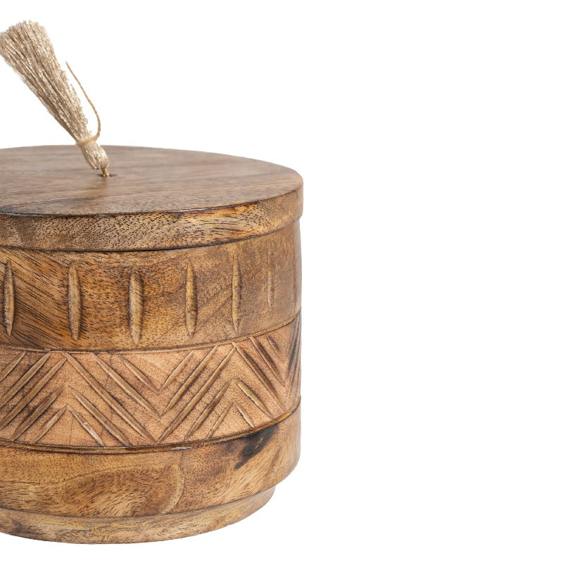 Handcrafted Round Box w Aztec Carving 15cm 4