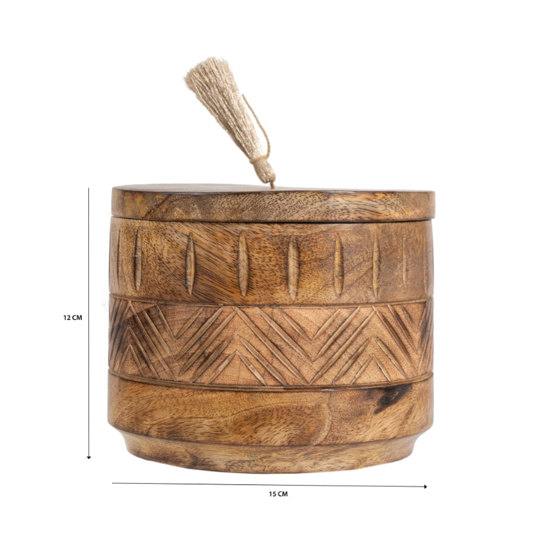Handcrafted Round Box w Aztec Carving 15cm 5