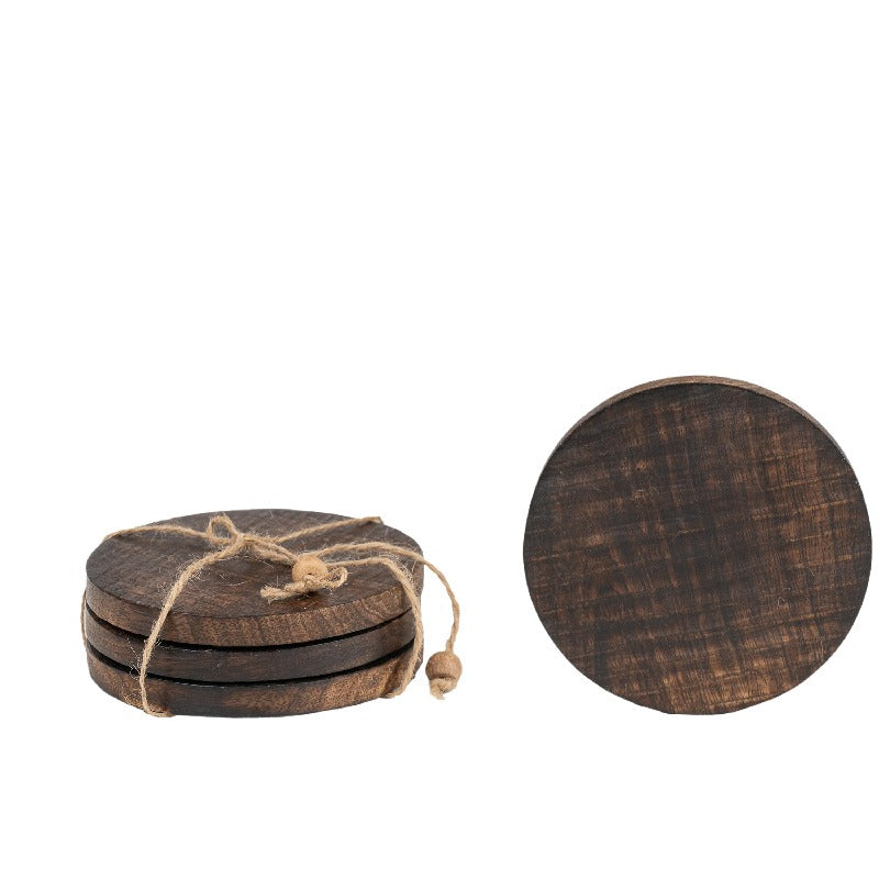 Handcrafted Burnt Finish 4pc Coaster Set w Tie 10cm 3