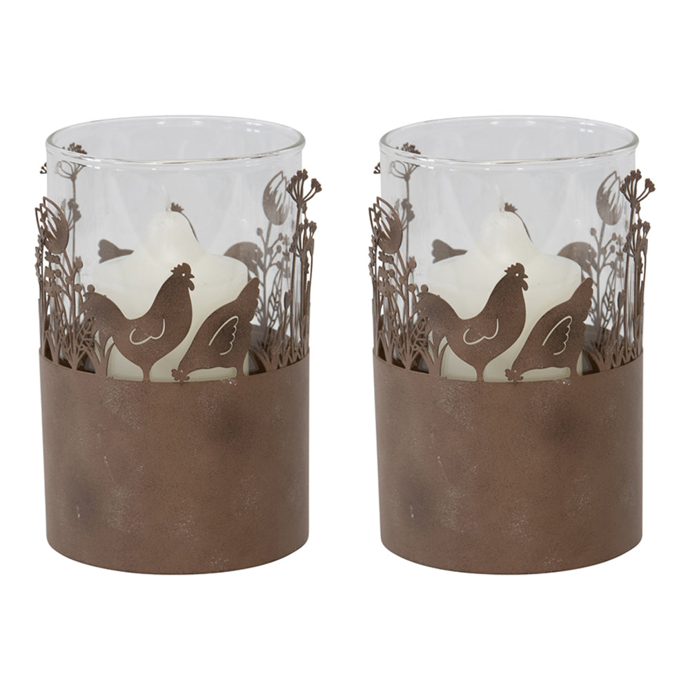 Set 2 Glass Pillar Candle holders in Stilted Rust Base w Chooks 17cm