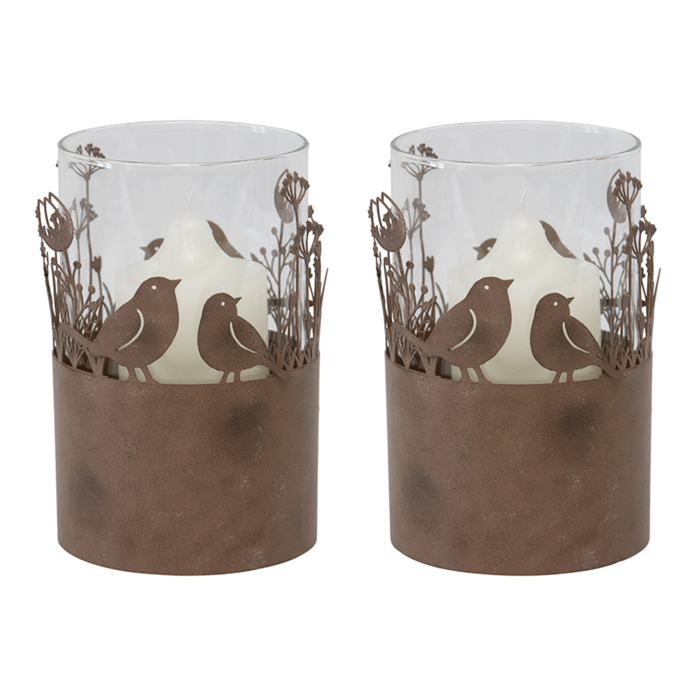 Set 2 Glass Pillar Candle holders in Stilted Rust Base w Birds 17cm