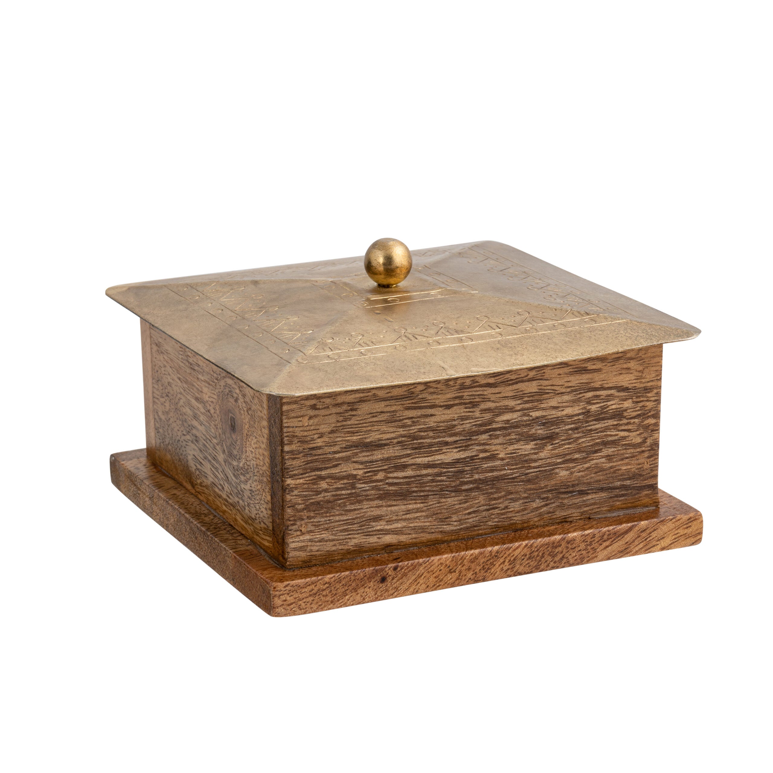 Handcrafted Square Mango Wood Box W Metal Pressed Lid 12cm 3