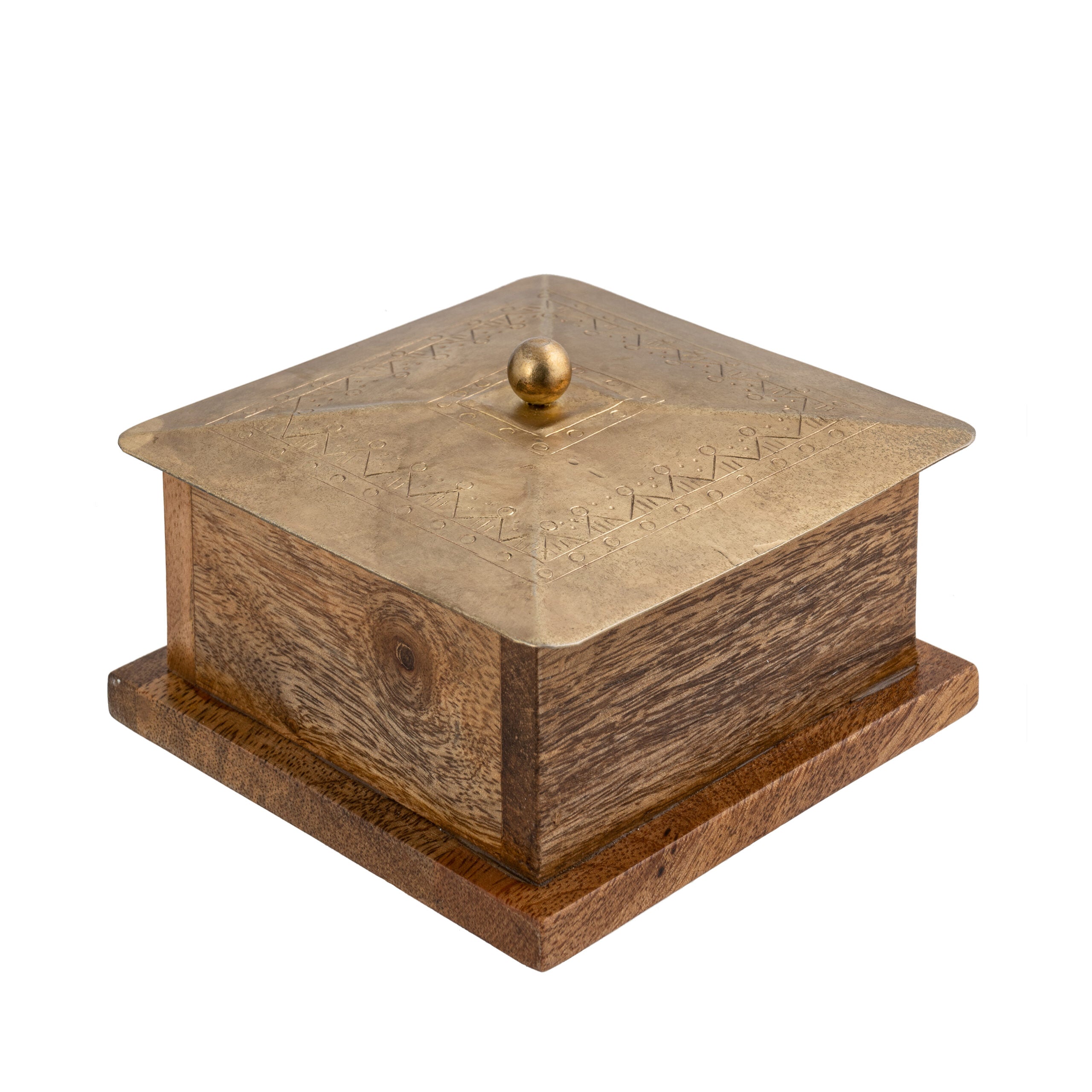 Handcrafted Square Mango Wood Box W Metal Pressed Lid 12cm 4