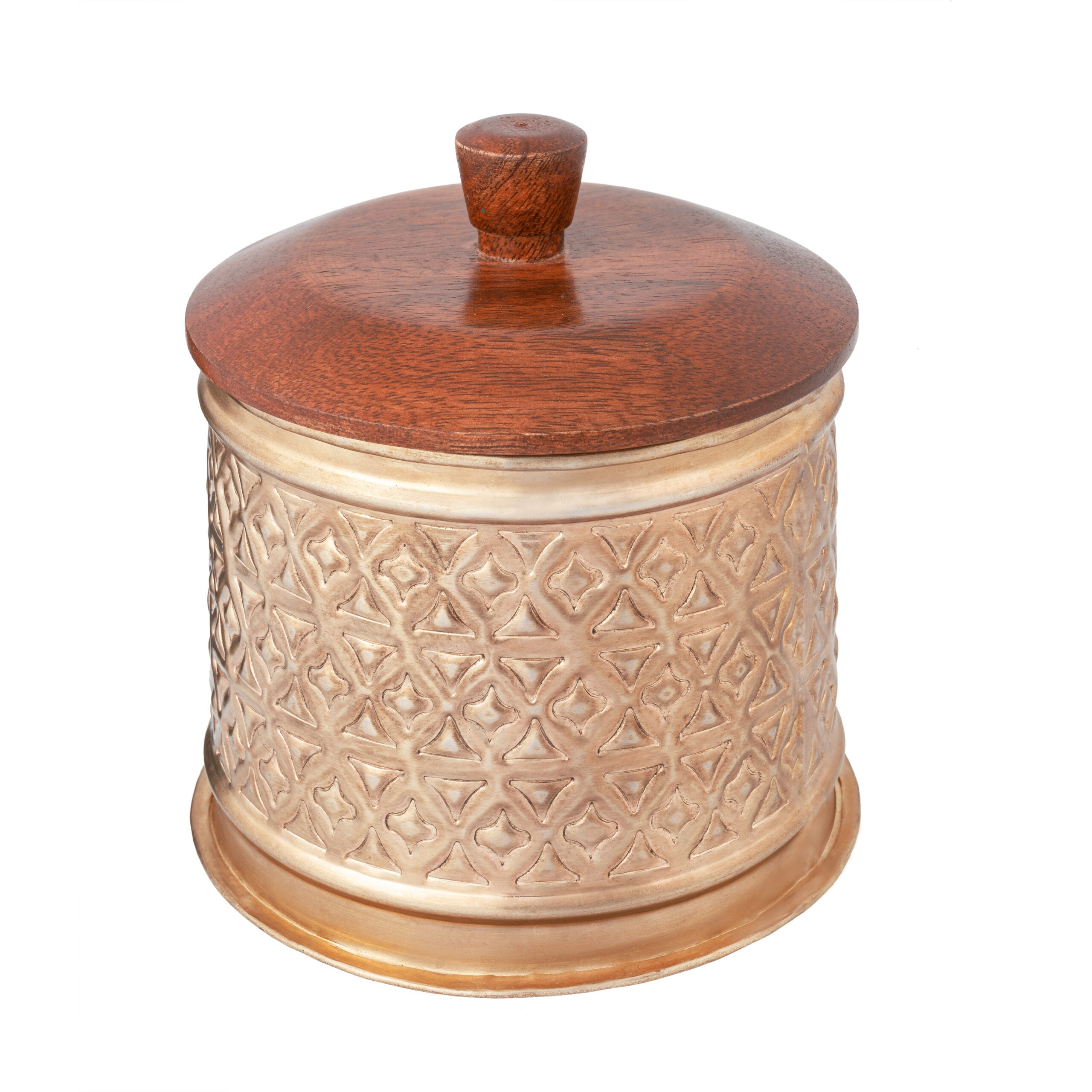 Handcrafted Round Metal Pressed Box W Mango Wood Lid 14cm 4