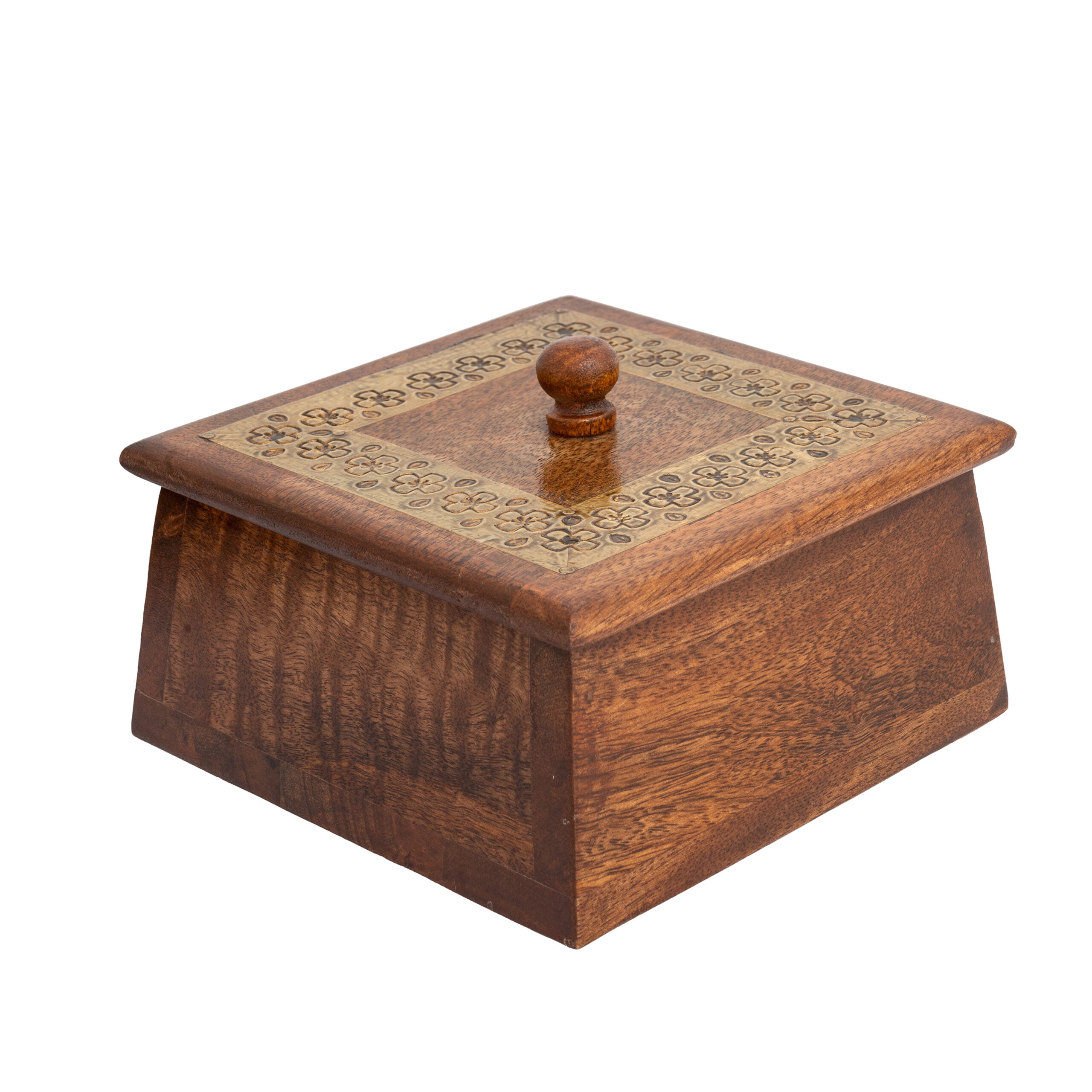 Tapered Mango Wood Box W Metal Pressed Inlay 10cm 3