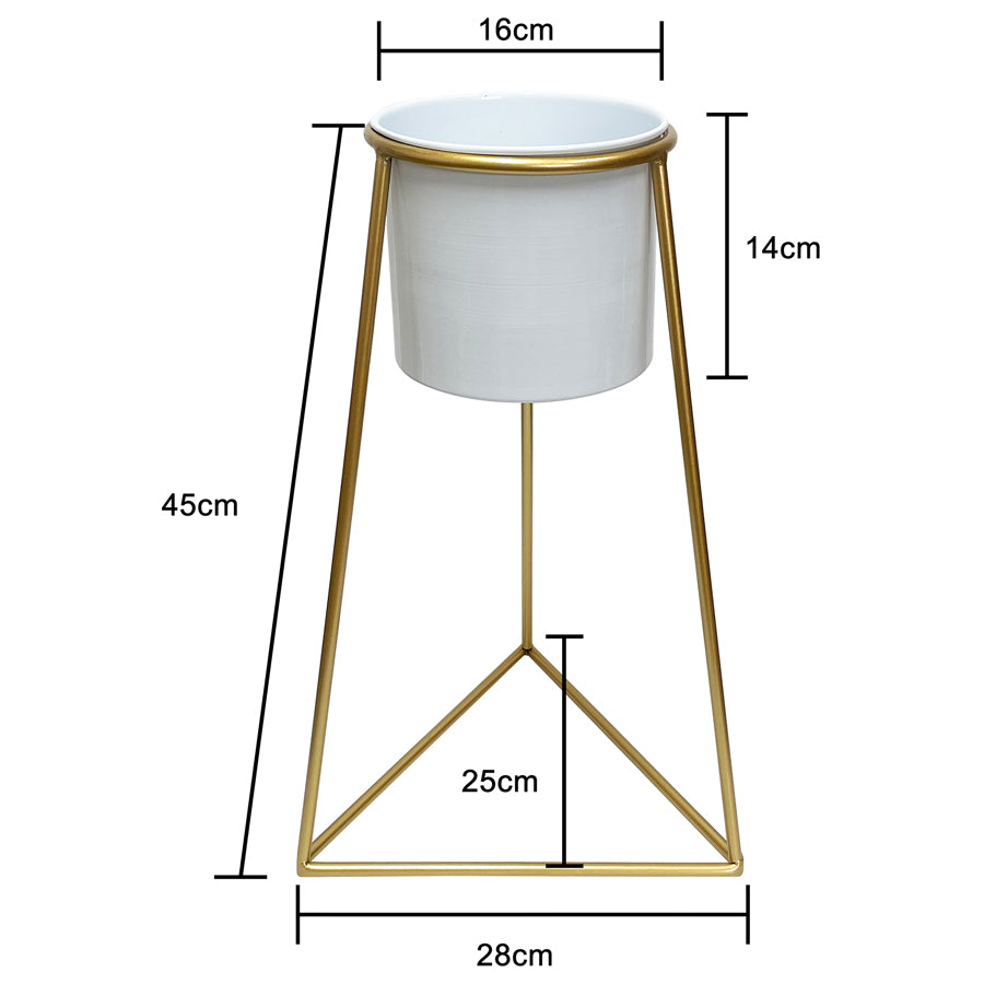 White Planter on Gold Pyramid Stand 45cm 4