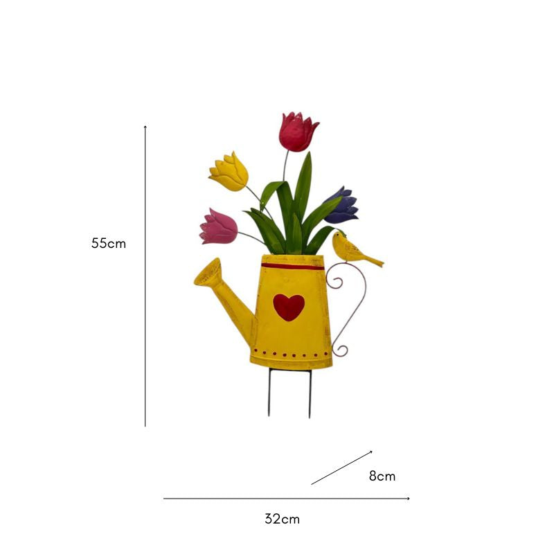 Flowers In Yellow Watering Can Garden Stake 55cm 5