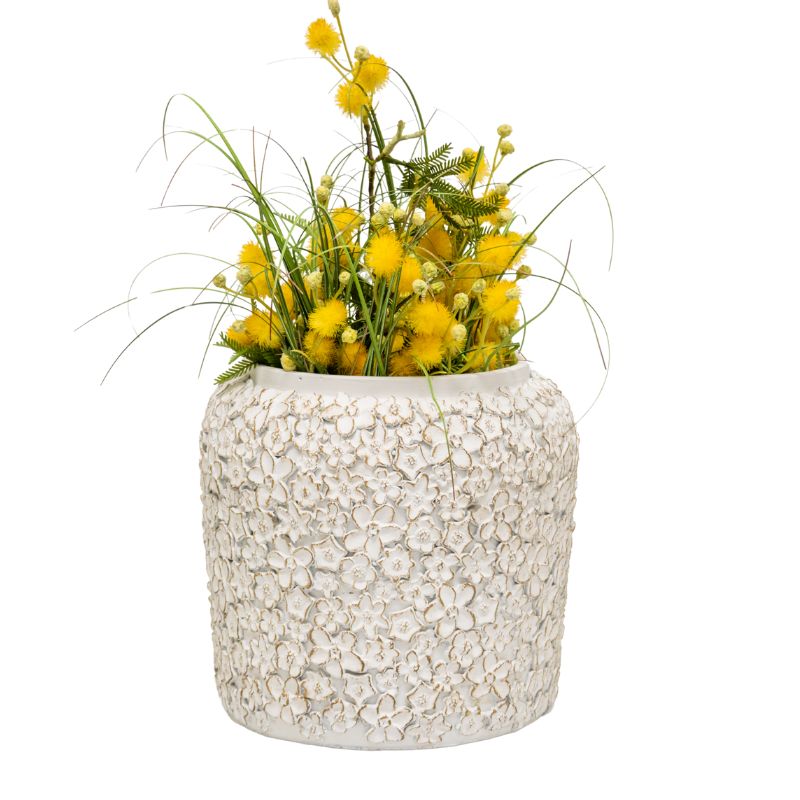 White Flower Embossed Planter w Hole + Plug 25cm