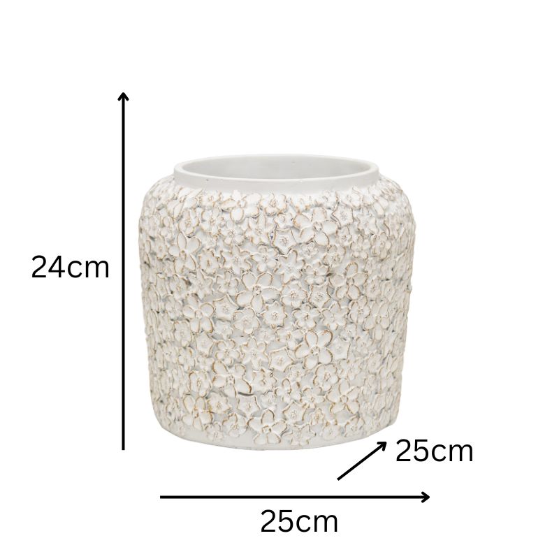 White Flower Embossed Planter w Hole + Plug 25cm 5