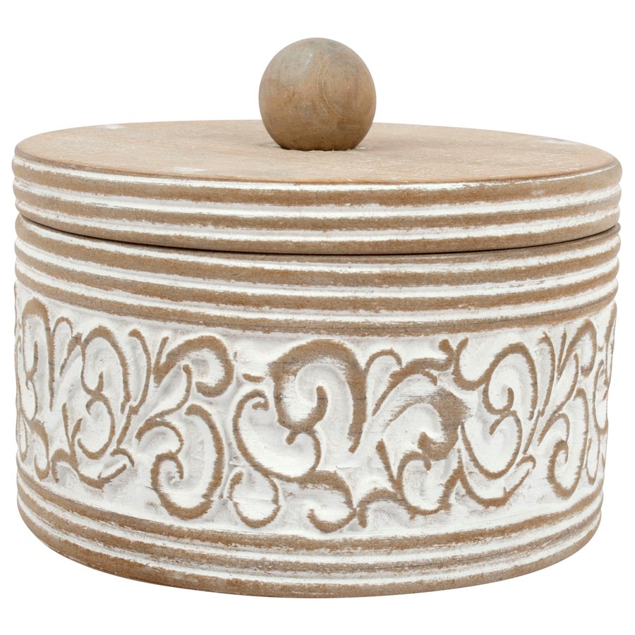 Round Carved White Trinket Box w/ Lid 17x14cm