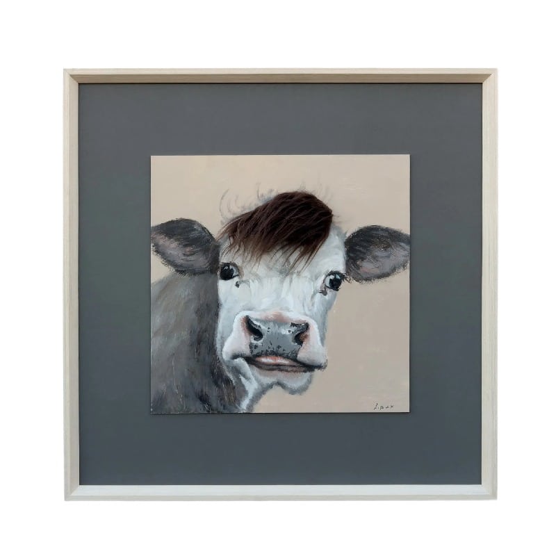 Curious Cow w Artificial Hair Framed Canvas Wall Art 60cm