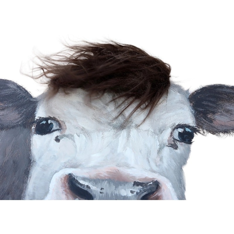 Curious Cow w Artificial Hair Framed Canvas Wall Art 60cm 3