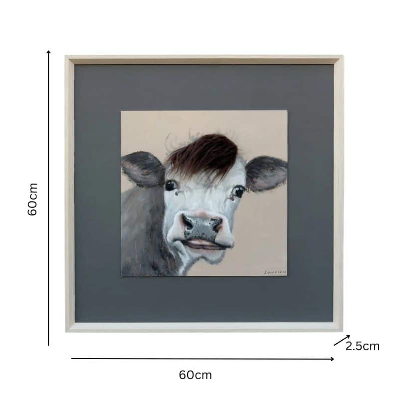 Curious Cow w Artificial Hair Framed Canvas Wall Art 60cm 5