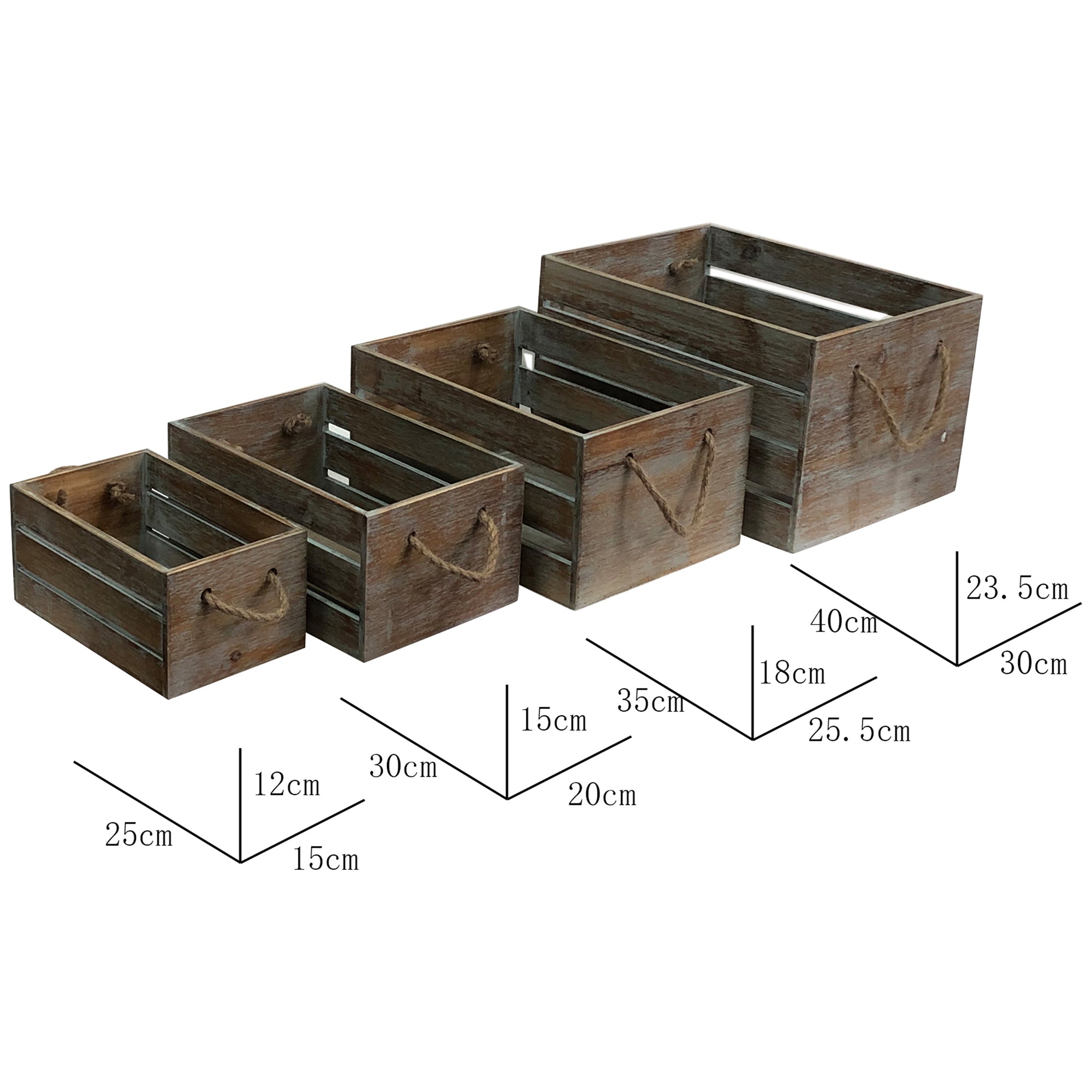 Set 4 Nested Wooden Storage Crates Rope Handles 40x30cm 3