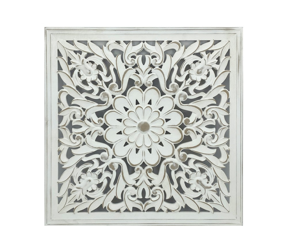Carved Square Wall Art Antique White 60cm