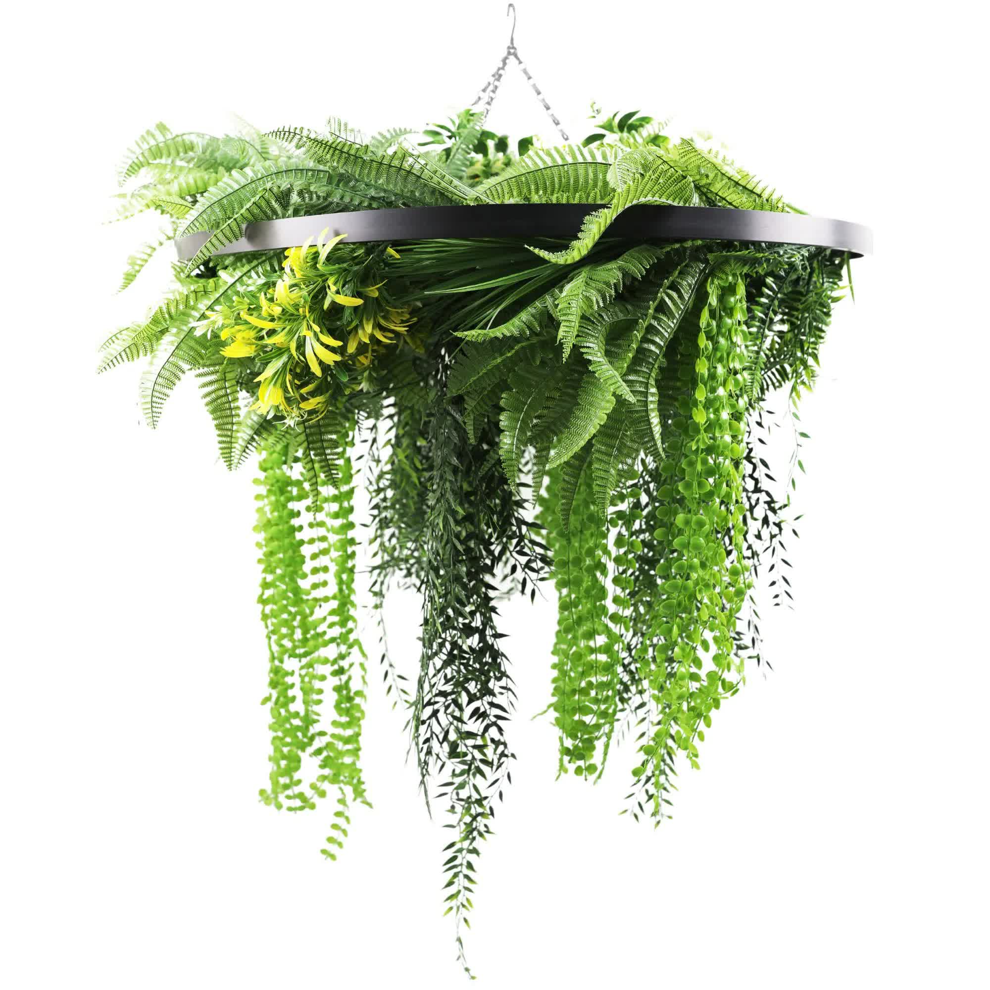 Black Framed Roof Hanging Disc With Draping Life-Like Ferns and Plants 80cm UV Resistant 3