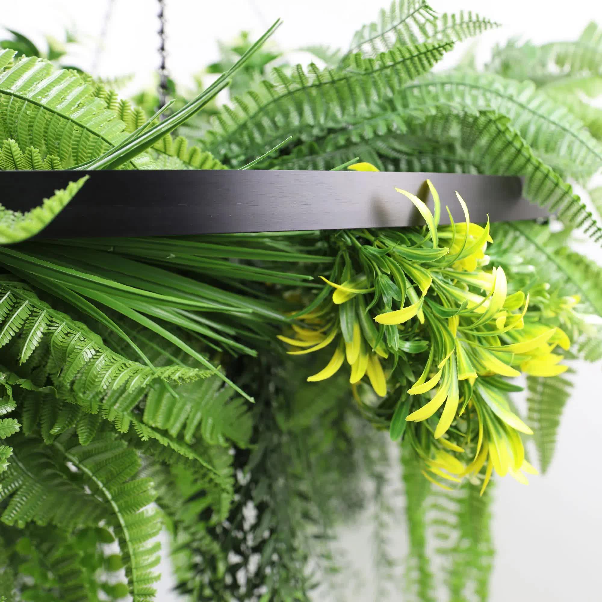 Black Framed Roof Hanging Disc With Draping Life-Like Ferns and Plants 80cm UV Resistant 4