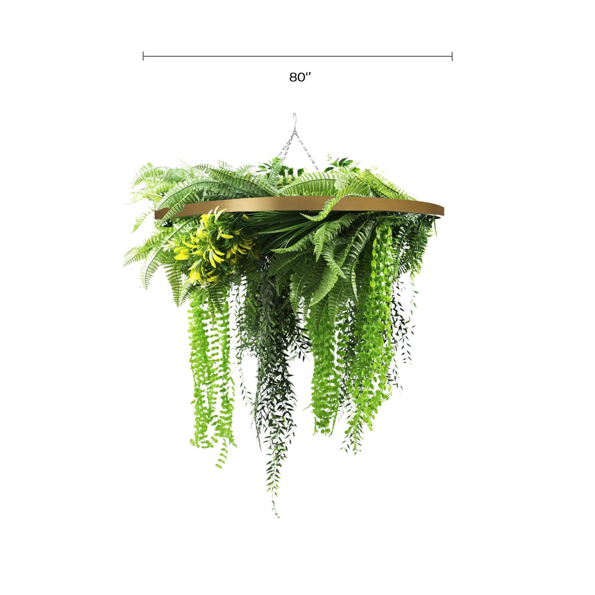 Gold Framed Roof Hanging Disc With Draping Life-Like Ferns and Plants 80cm UV Resistant