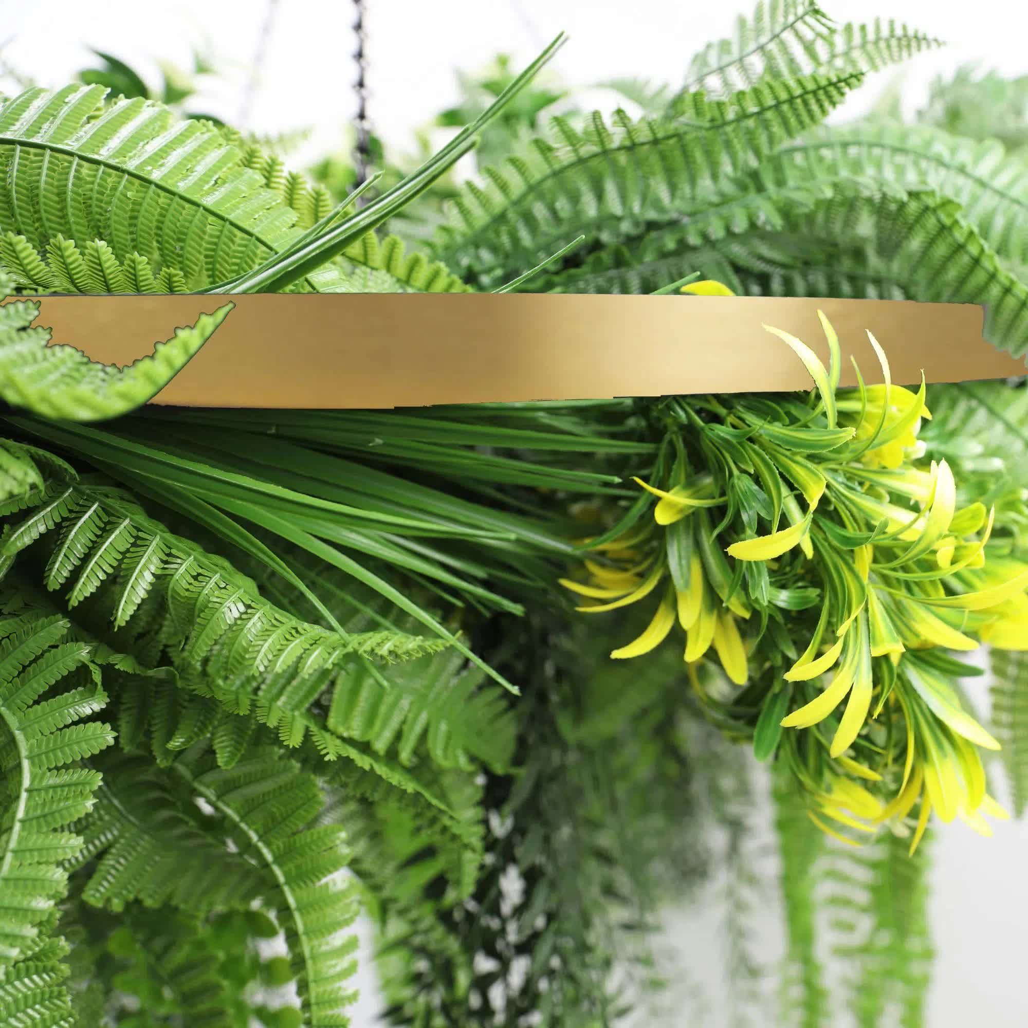 Gold Framed Roof Hanging Disc With Draping Life-Like Ferns and Plants 80cm UV Resistant 3