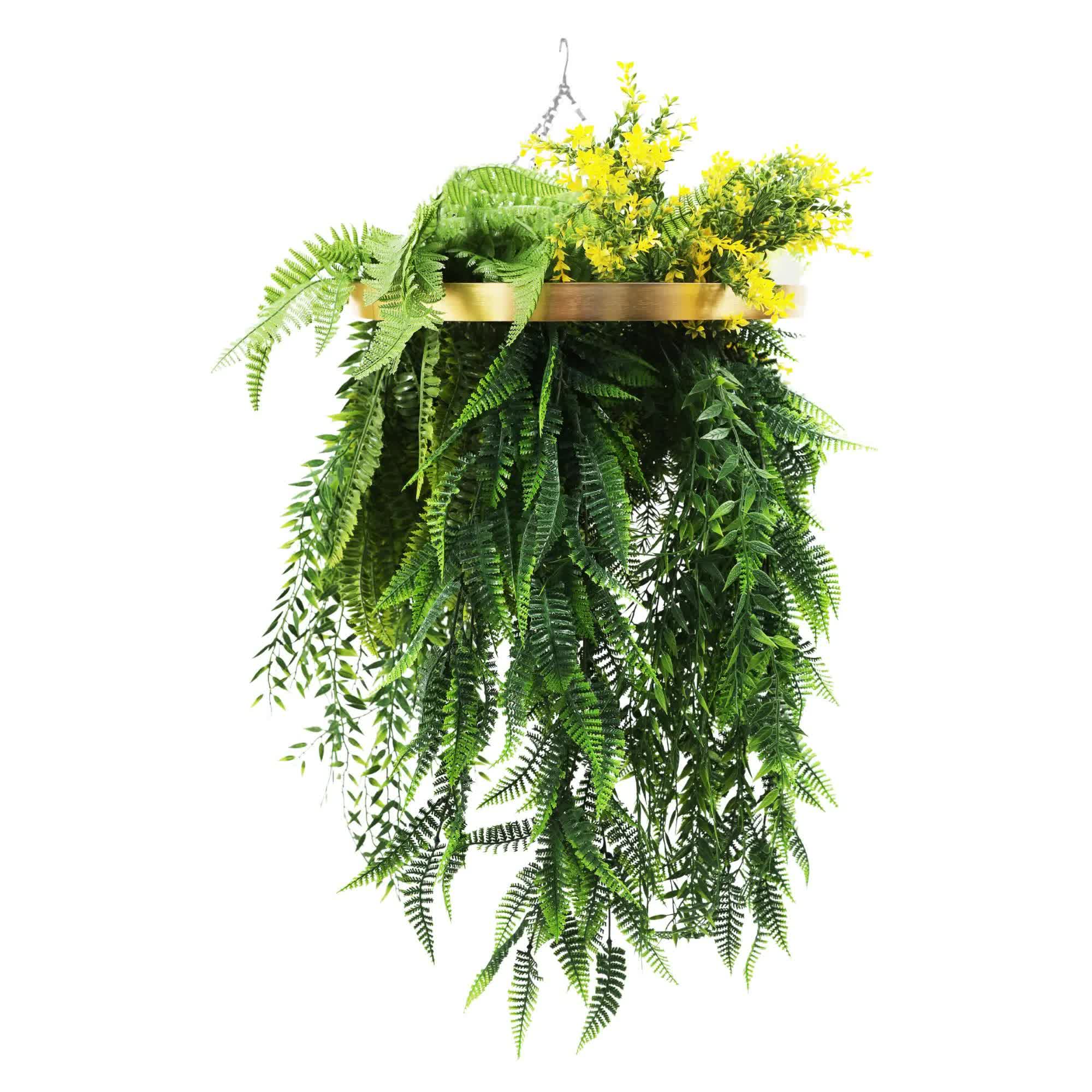 Gold Framed Roof Hanging Disc With Draping Life-Like Ferns and Plants 80cm UV Resistant 4