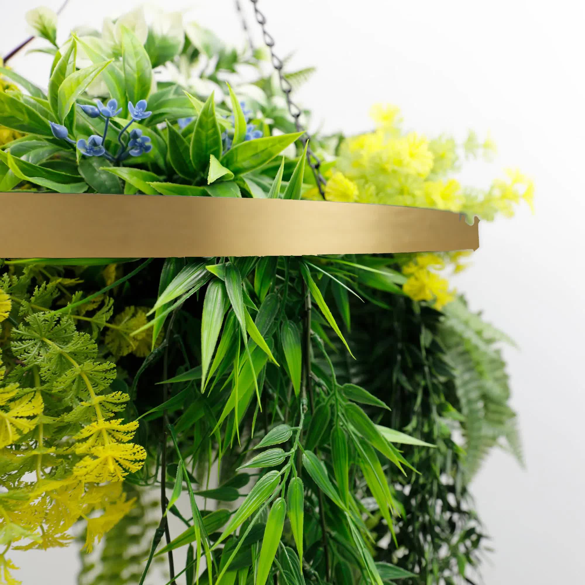 Gold Framed Roof Hanging Disc With Tropical Foliage and Draping Ferns 60cm UV Resistant 3
