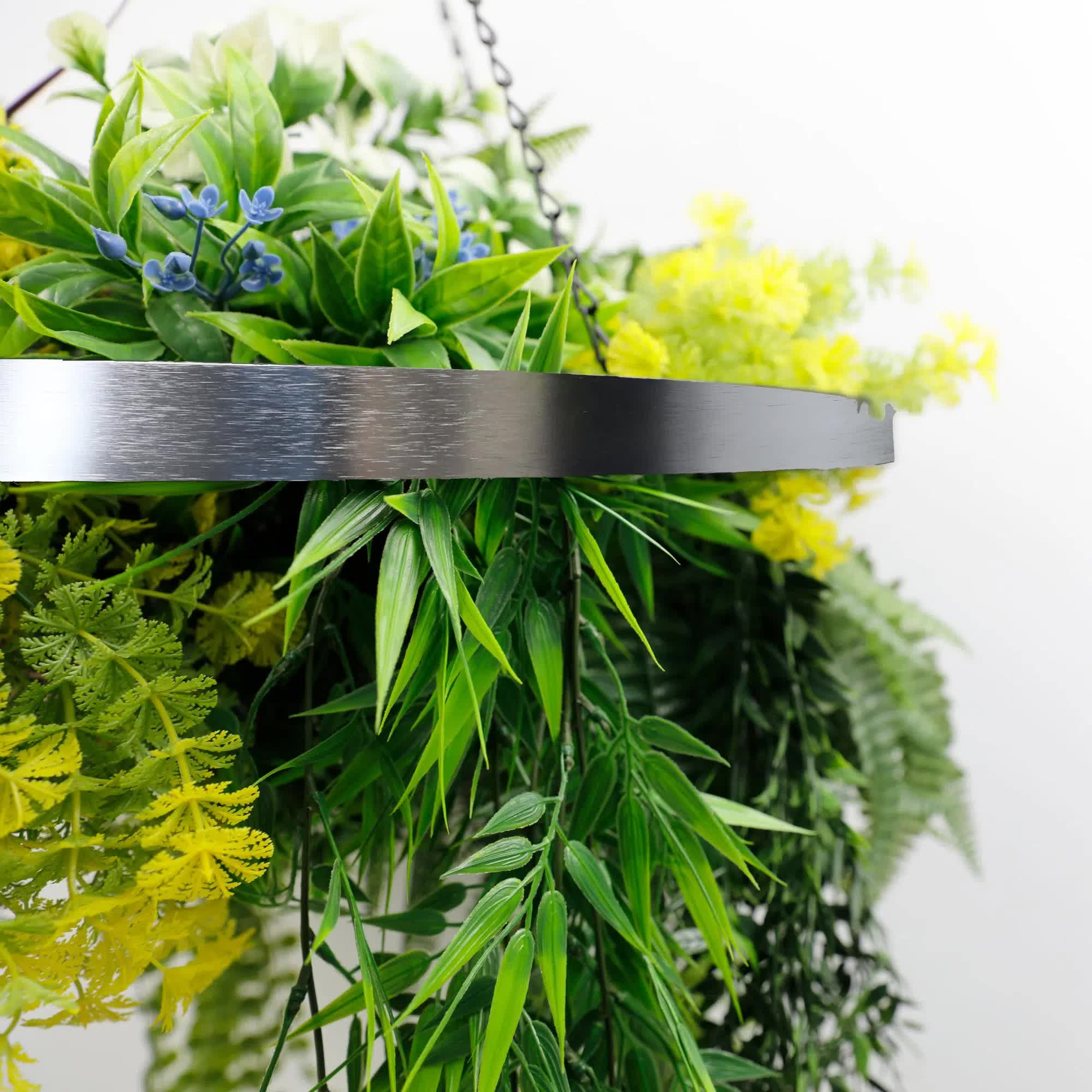 Silver Framed Roof Hanging Disc With Tropical Foliage Mix and Draping Stems 60cm UV Resistant 3