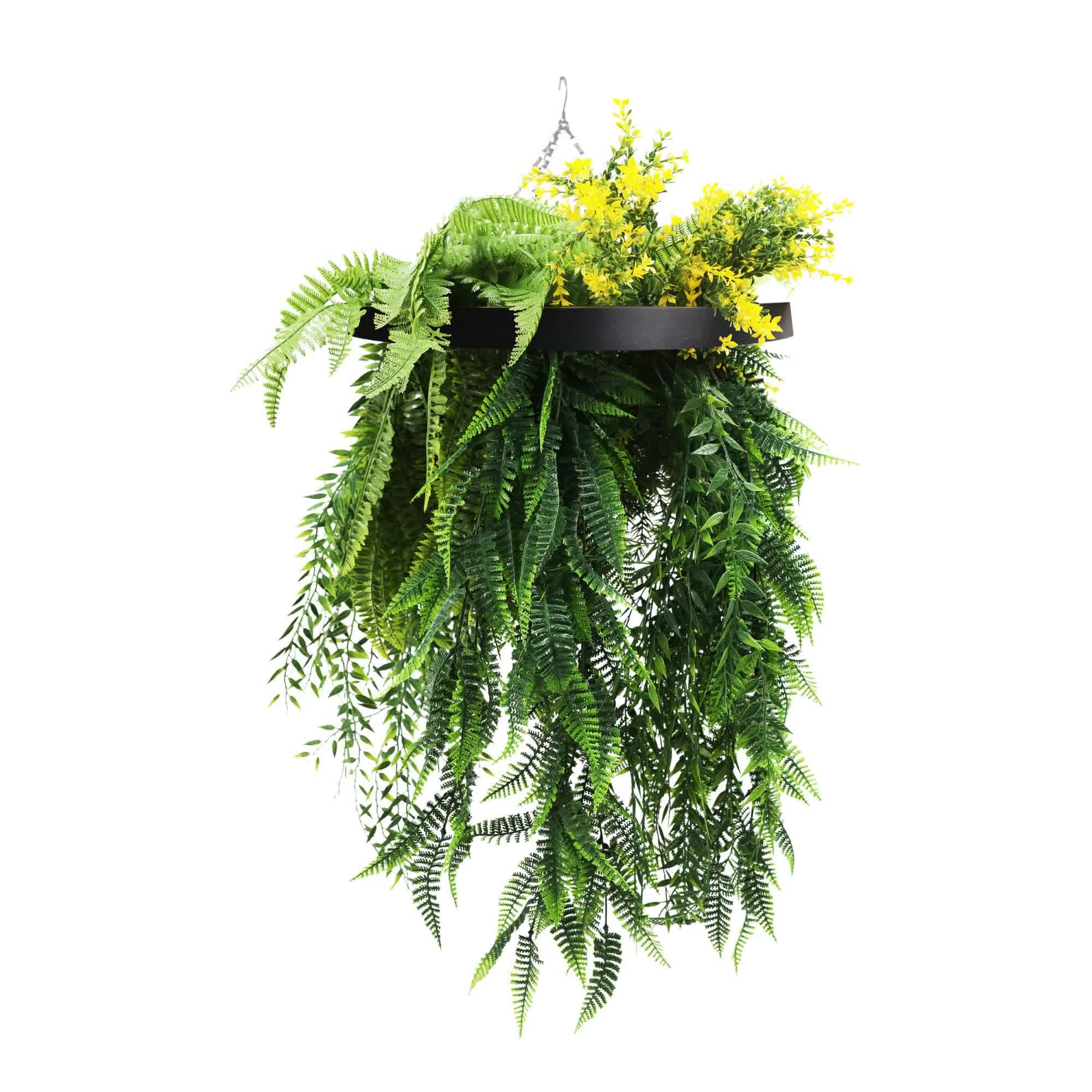 Black Framed Hanging Disc with Bright Tropical Foliage and Draping Ferns 40cm UV Resistant