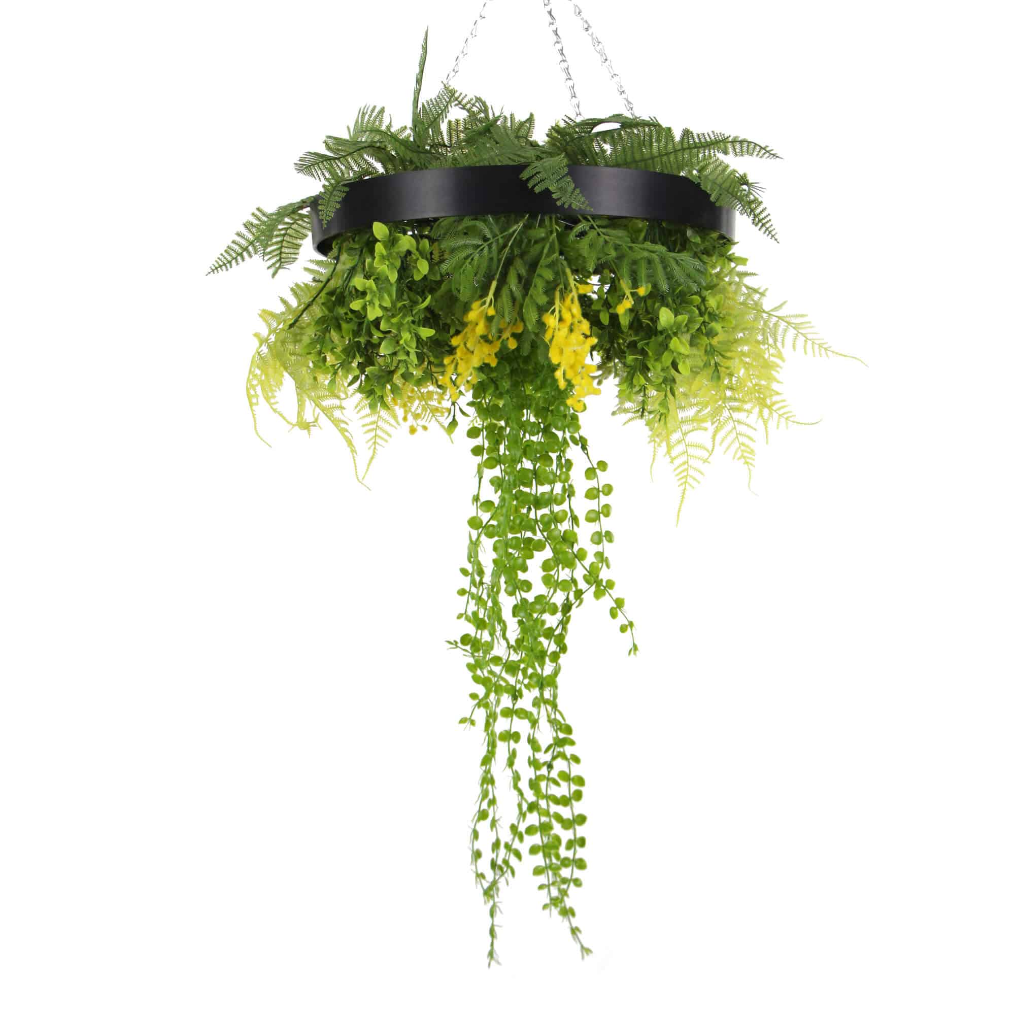 Black Framed Roof Hanging Disc with Draping Life-like Plants 40cm