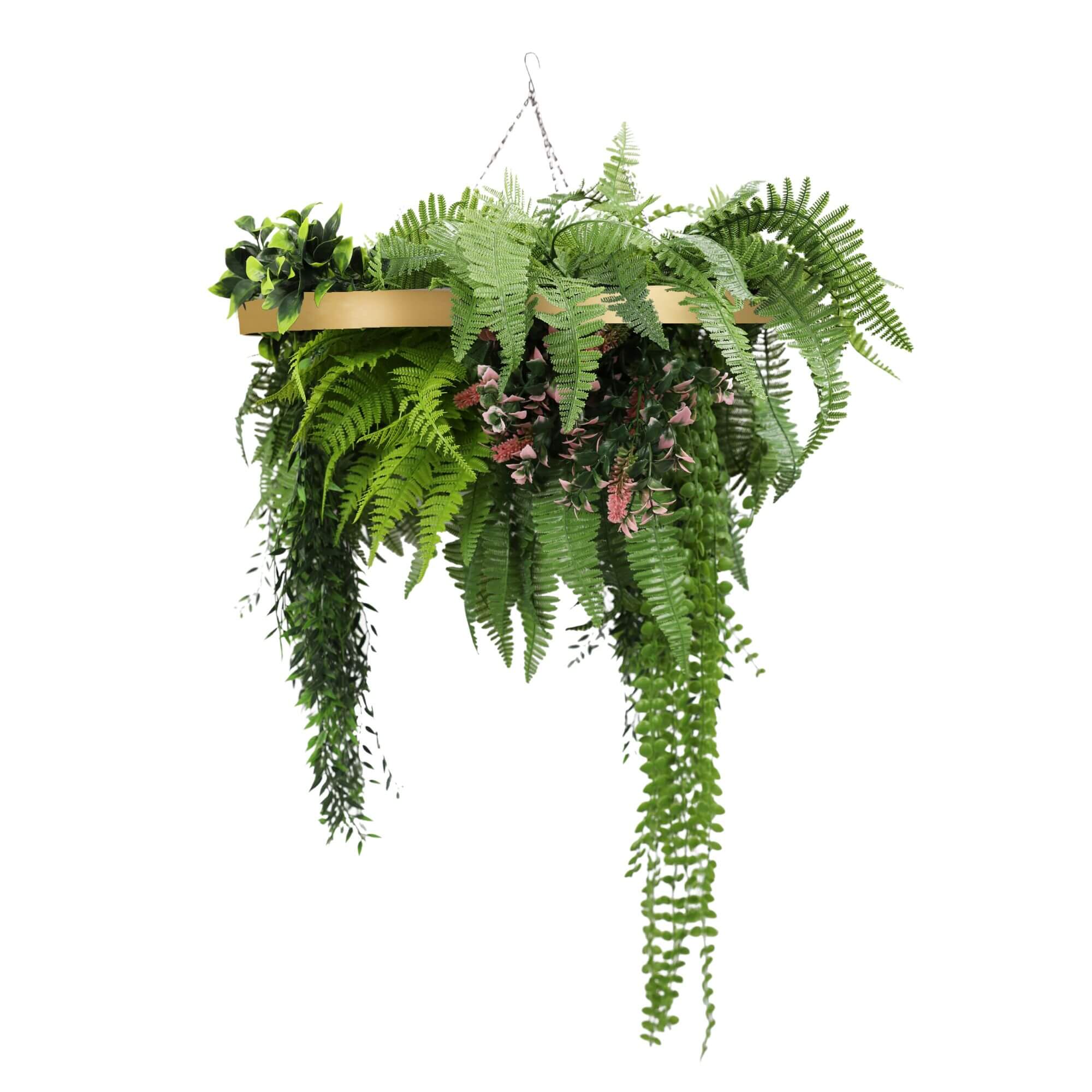 Gold Framed Roof Hanging Disc with Draping Life-Like Plants UV Resistant 60cm