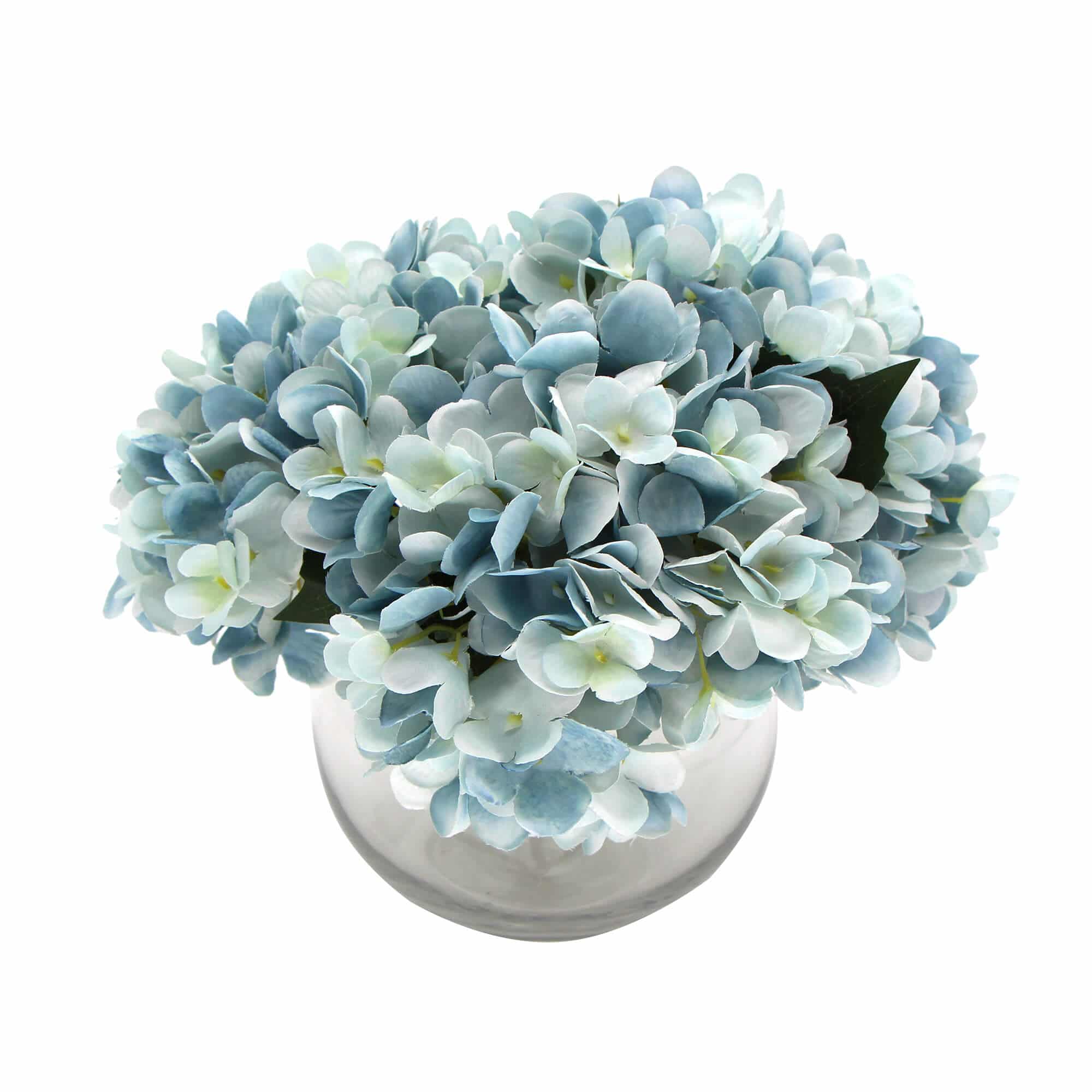 Premium Faux Hydrangea with Glass Vase (Artificial Flowering Blue Hydrangea) 23cm