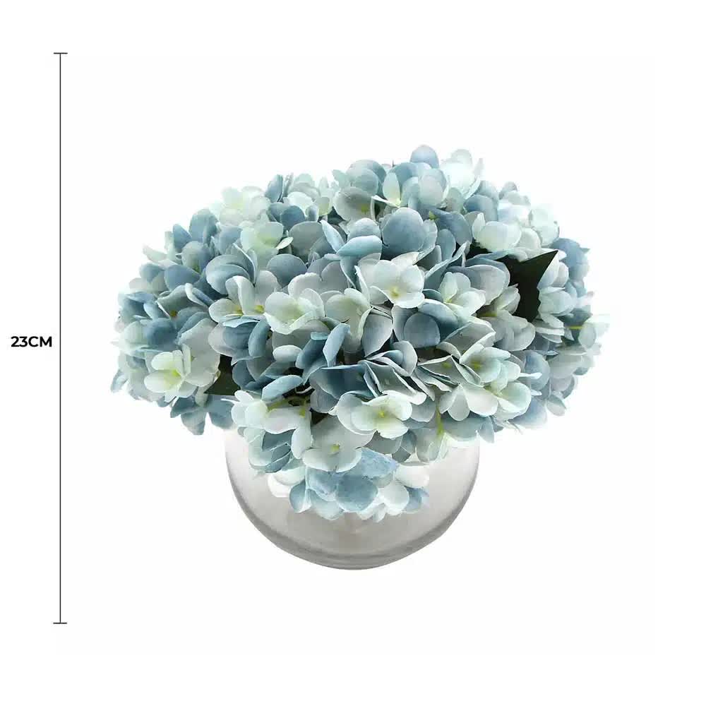 Premium Faux Hydrangea with Glass Vase (Artificial Flowering Blue Hydrangea) 23cm