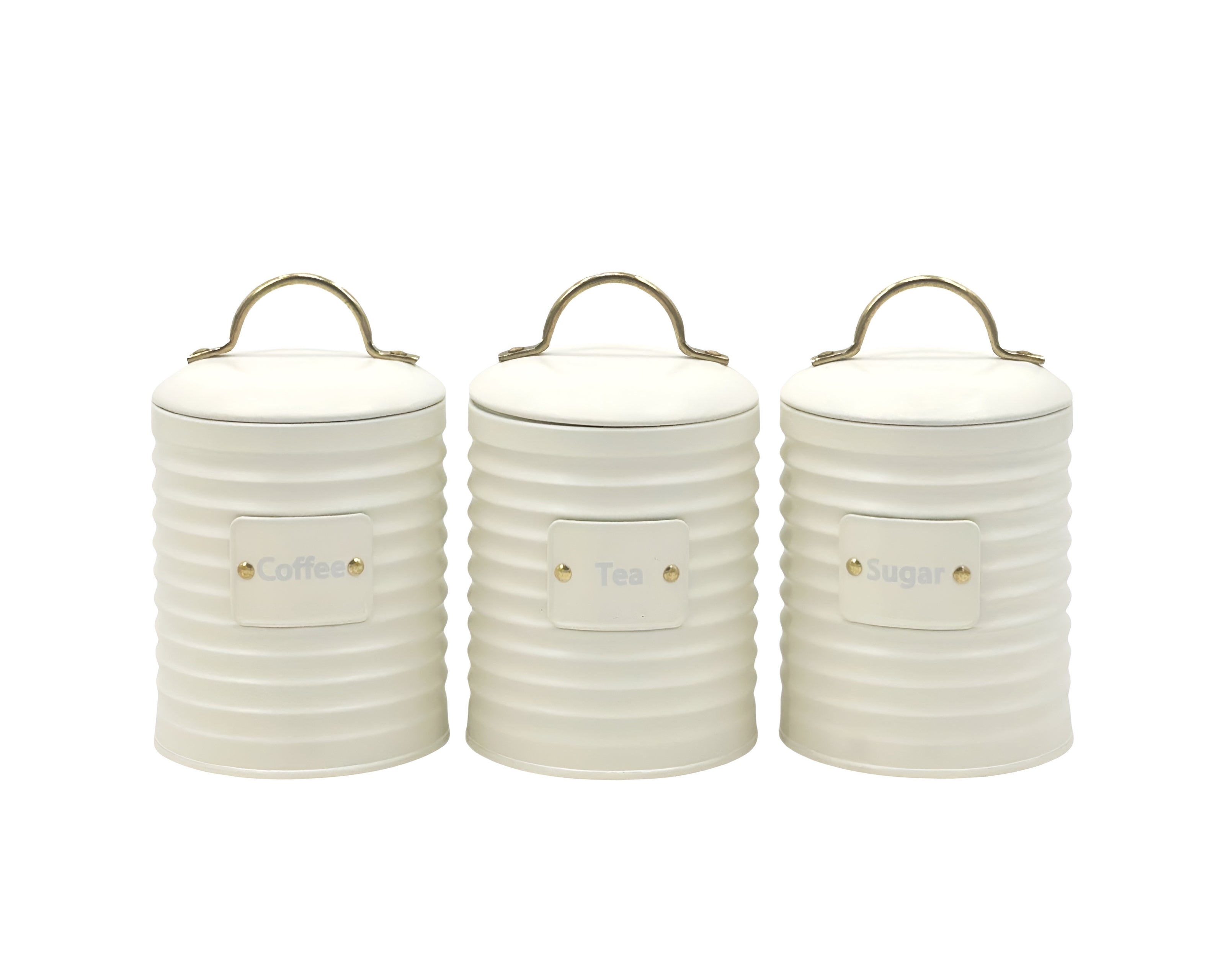 Set 3 Corrugated Metal Coffee Tea Sugar Storage Tins 10x17cm