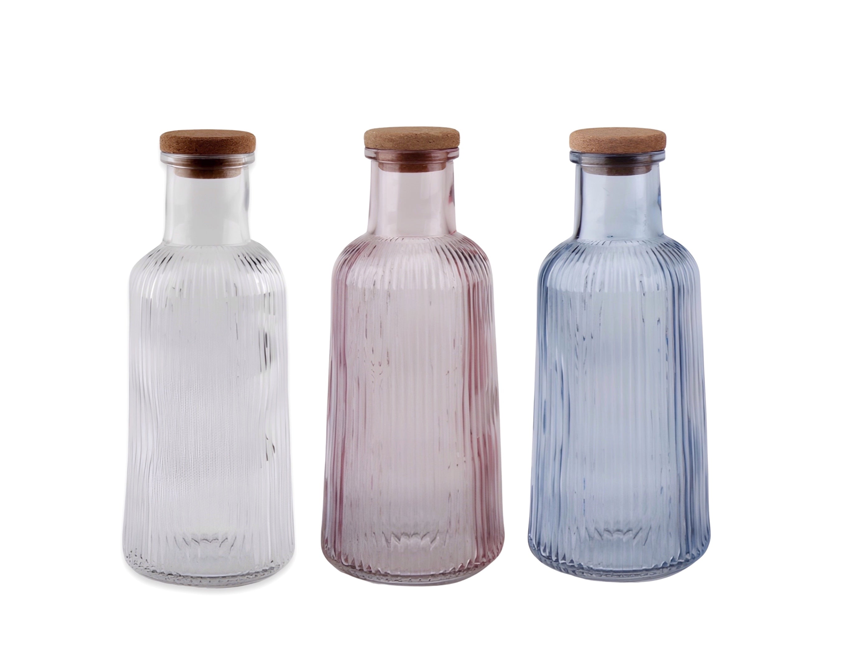 Heavy 12 Ribbed Glass Bottle With Cork Lid 1lt 3 Assorted 8x28cm