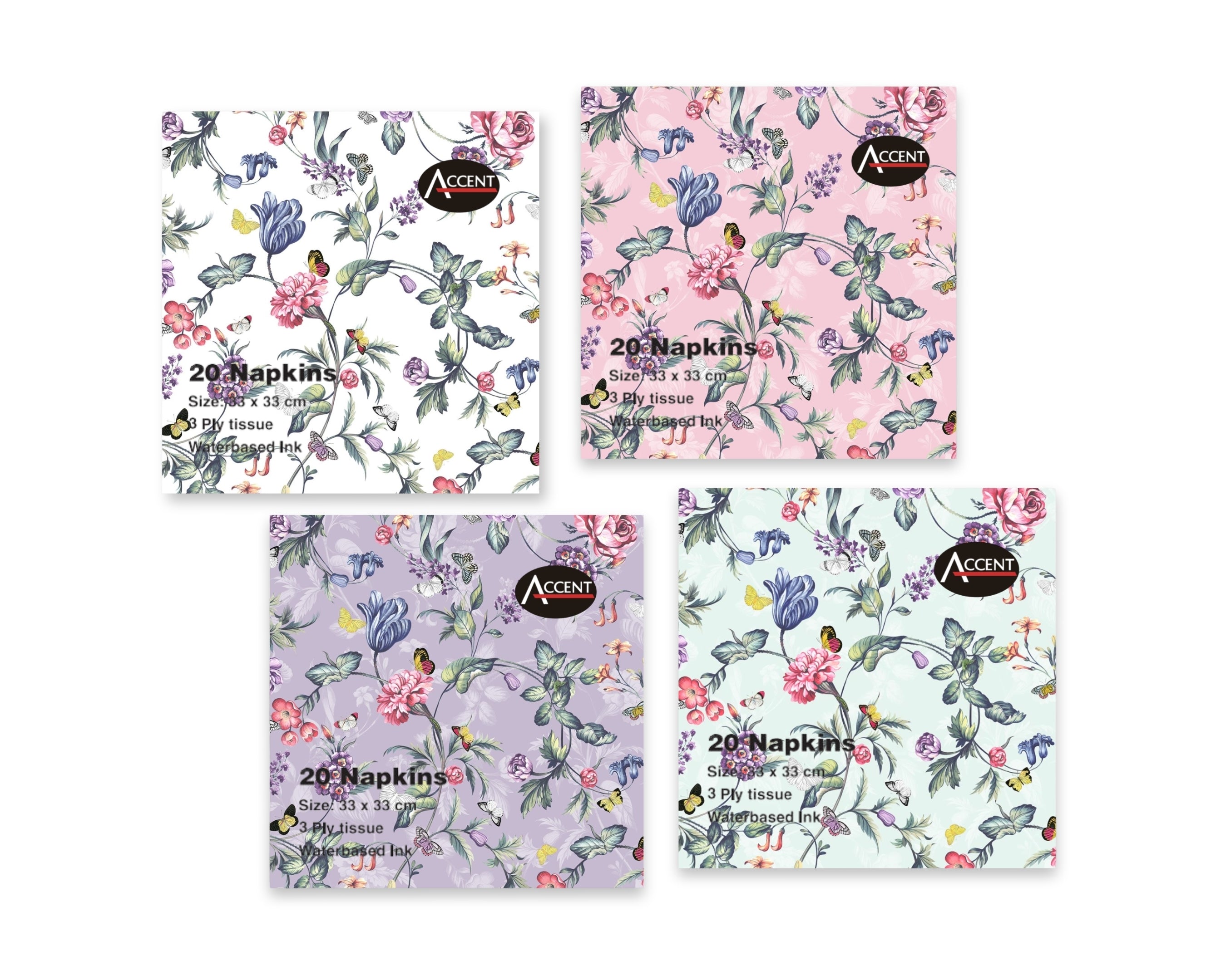 bulk 960 Jardin Floral Napkins Pk20 2Ply 4 Assort 33cm