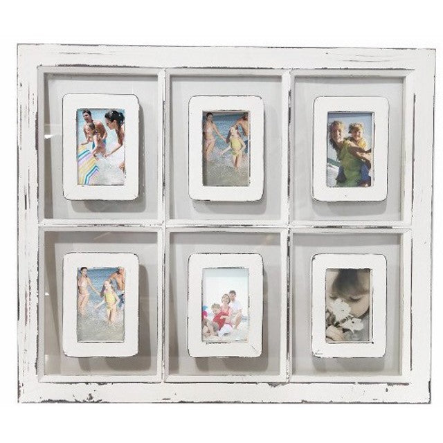 Rustic White 6 Opening Photo Frame w Glass Backing 82cm
