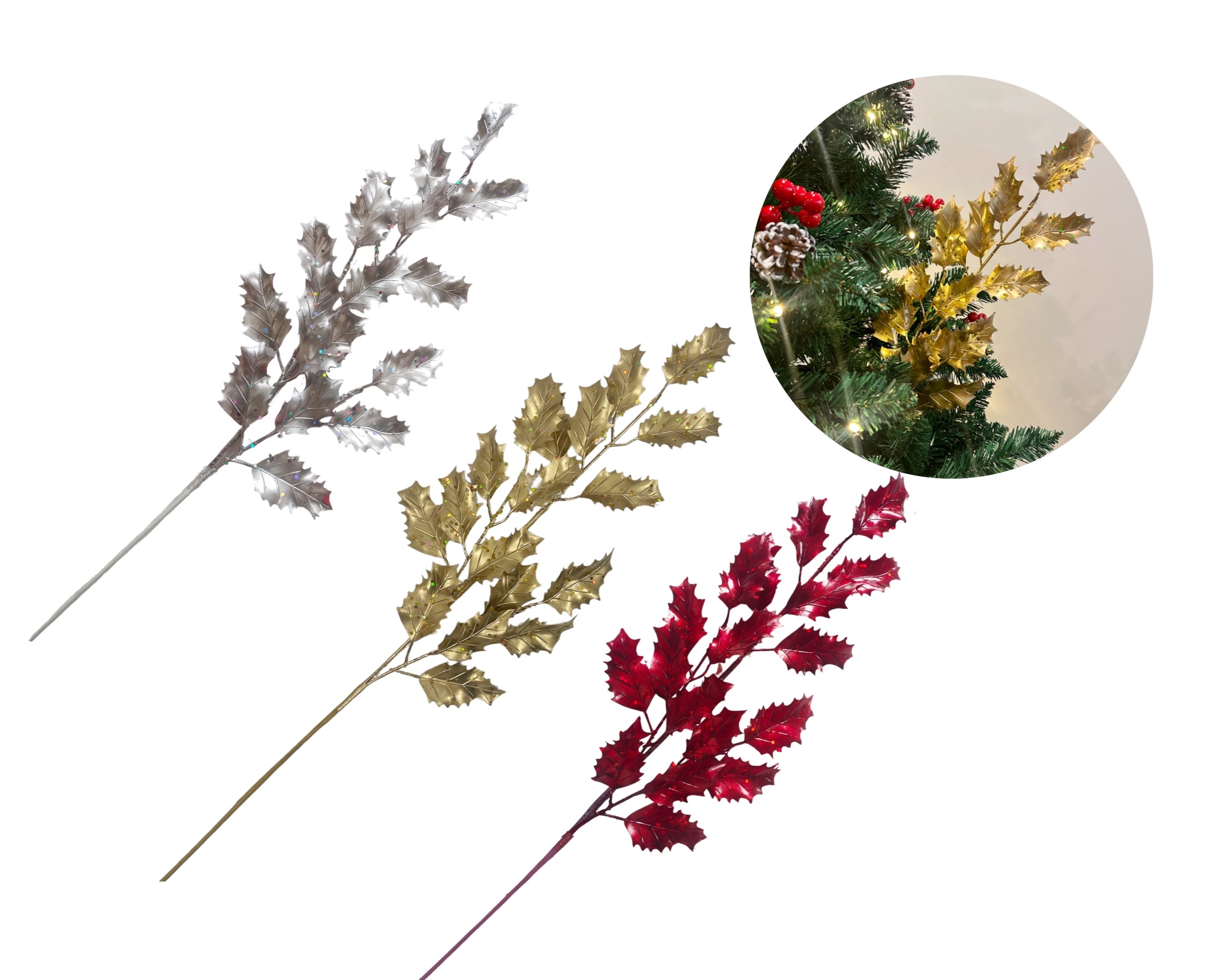 bulk 24 Xmas Metallic Leaves Tree Deco Assort 68cm