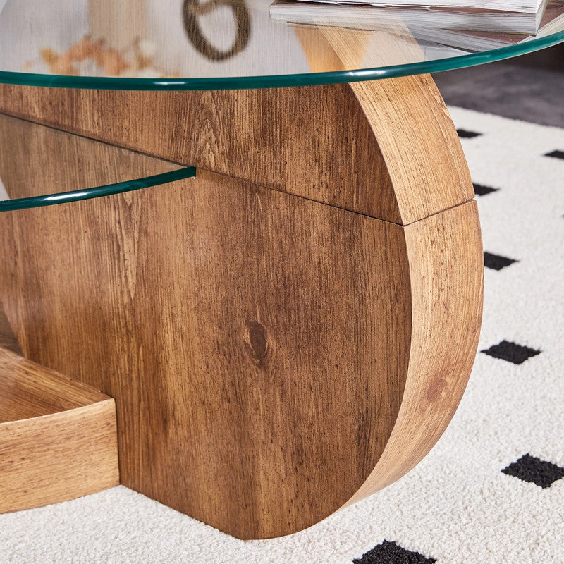 'MINORI' Double Layer Clear Tempered Glass Dark Wood Grain Coffee Table 4