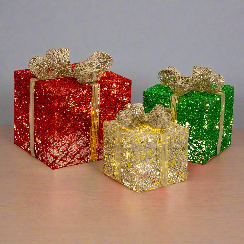 LED Jumbo Presents 3-Piece Glitter/Gold Bow Twinkle 3